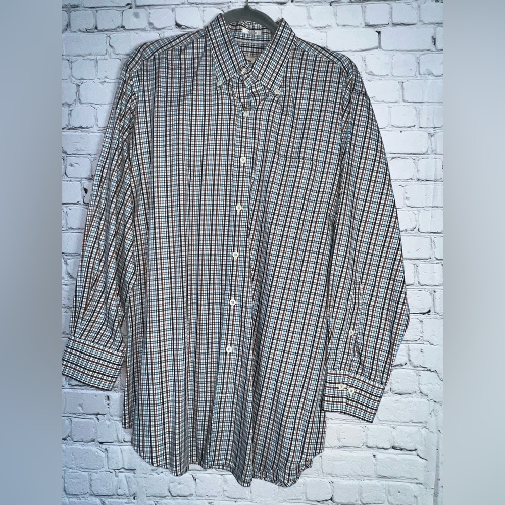Peter Millar‎ 100% Cotton Brown Blue Plaid Long Sleeve Button Down Shirt Large